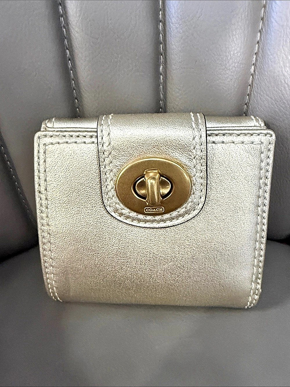 Coach Turnlock Compact Wallet Metallic Gold